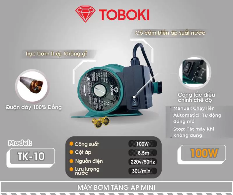 Máy bơm tăng áp TOBOKI (100W) – Điện Máy Quang Tuyến 