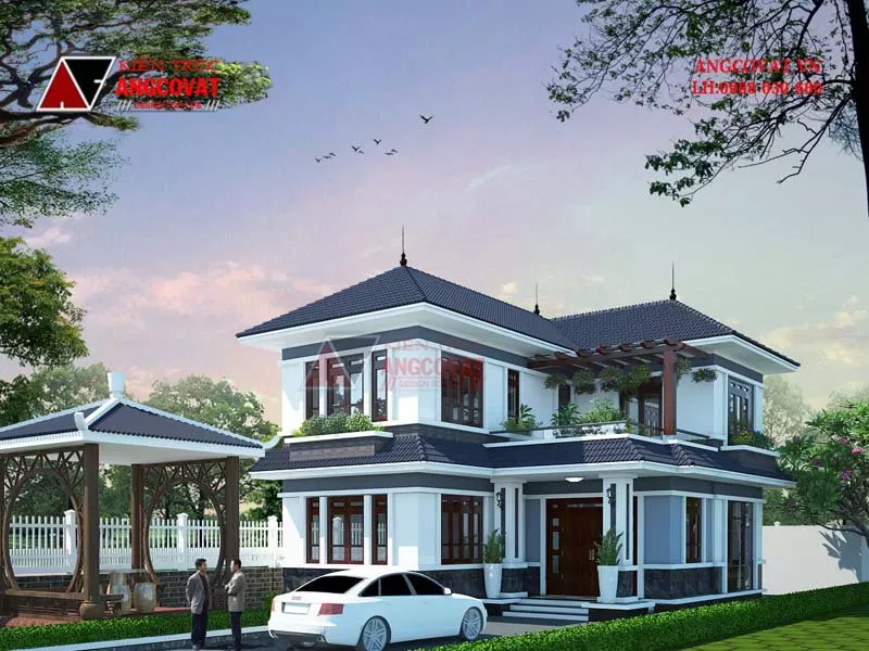 Bản vẽ thiết kế mẫu nhà 2 tầng chữ L 120m2 mái Nhật hiện đại BT5190321