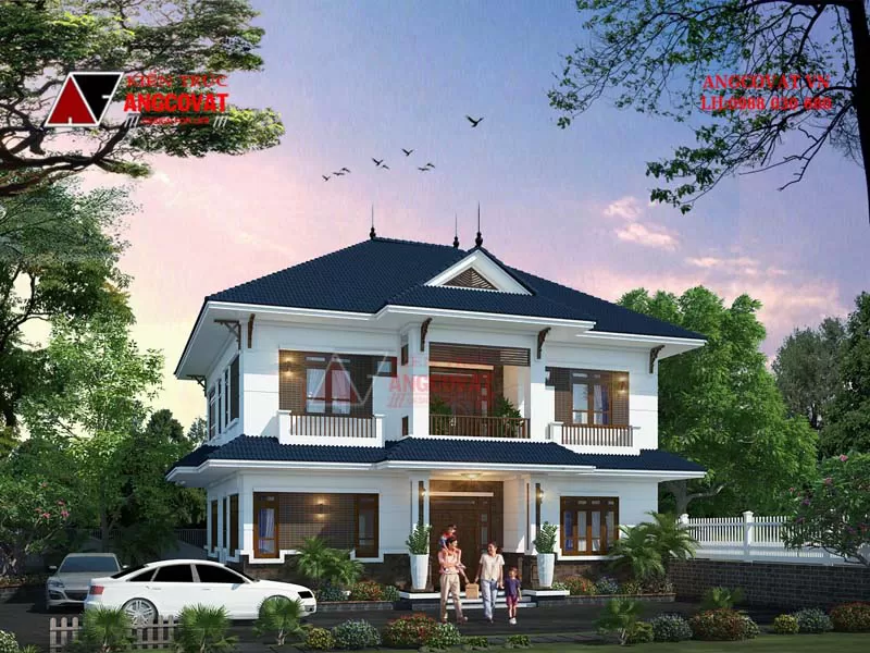 Giới thiệu mẫu nhà 2 tầng mặt tiền rộng 14m sâu 12m mái thái hiện đại ở Thái Bình BT522040