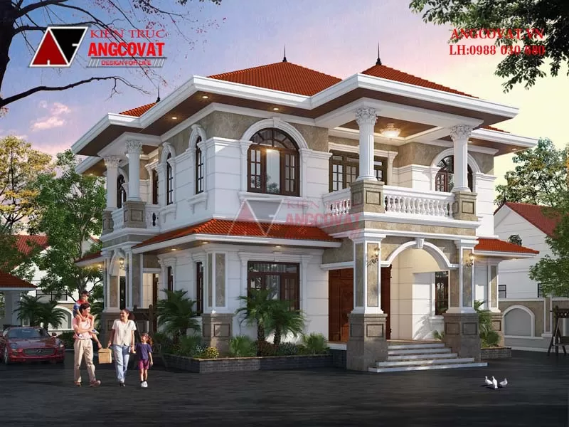 Xây nhà diện tích 170m2 2 tầng 5 phòng ngủ mái thái kiến trúc tân cổ điển BT122128