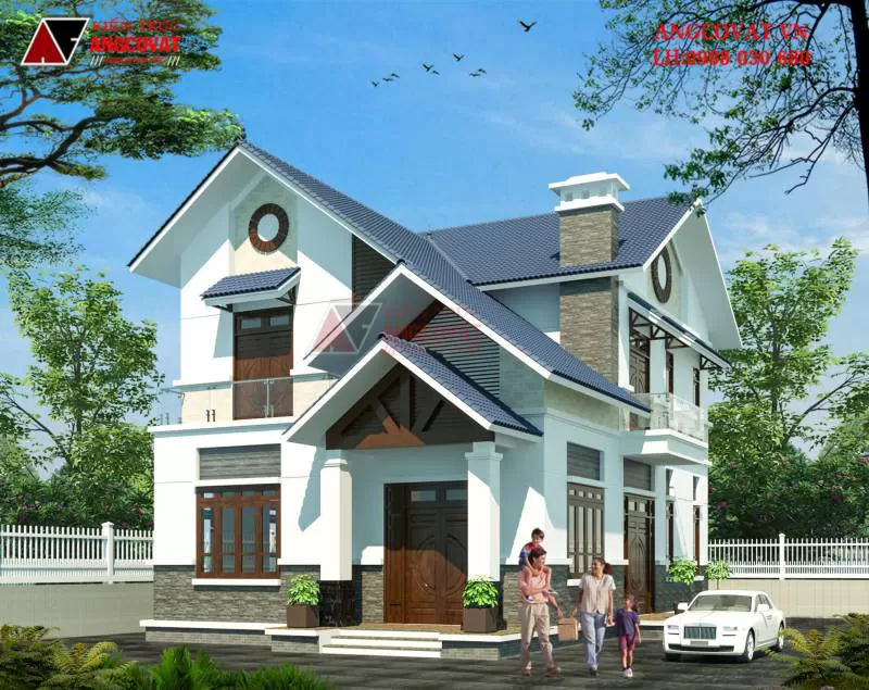 Bản vẽ thiết kế nhà 2 tầng mái thái mặt tiền 10m hiện đại 100m2 ở Thái Nguyên BT529050
