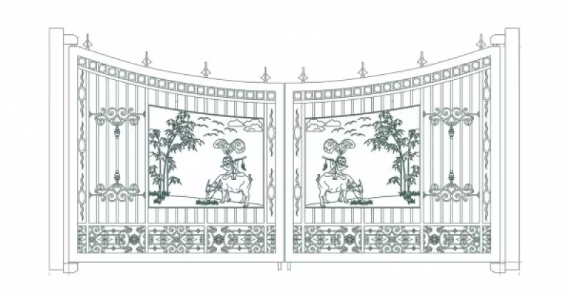 Cổng nhôm đúc phù điêu tranh đông hồ mục đồng thổi sáo mẫu 6