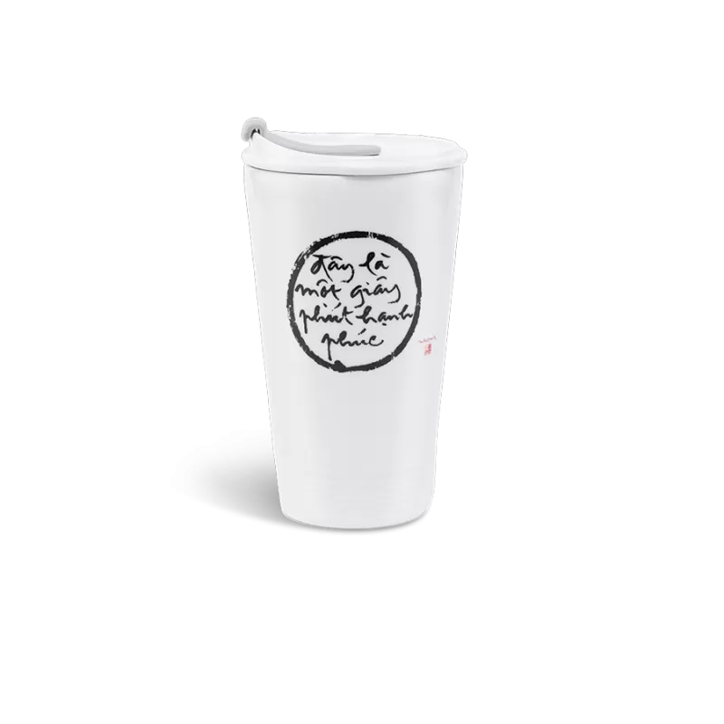 Ly sứ dưỡng sinh 0.48 L + nắp ống hút (K1) - Dưỡng Sinh - Đây Là Một Giây Phút Hạnh Phúc (Trắng C2) 