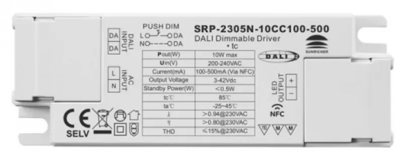 10W NFC Programmable DALI DT6 LED Driver (Constant Current) SRP-2305N-10CC100-500