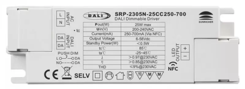 25W NFC Progammable DALI DT6 LED Driver (Constant Current) SRP-2305N-25CC250-700