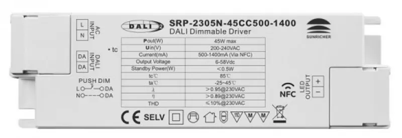 25W NFC Progammable DALI DT6 LED Driver (Constant Current) SRP-2305N-45CC500-1400
