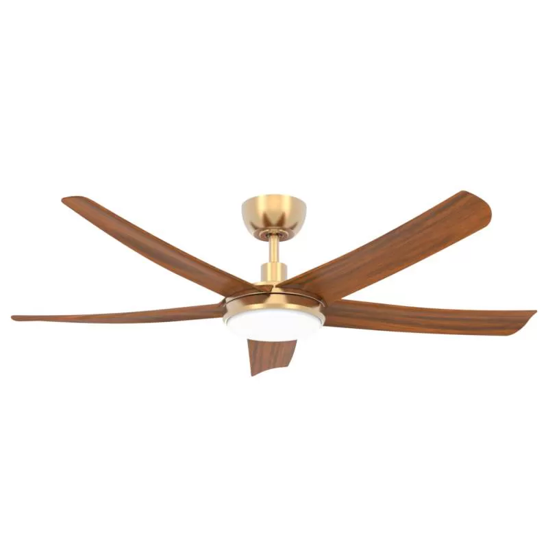 Quạt trần màu vàng đồng kèm đèn led 5 cánh kiểu dáng hiện đại