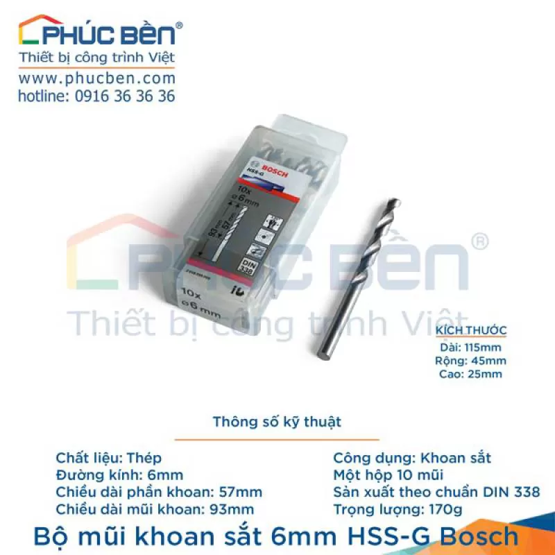 Bộ mũi khoan sắt Bosch HSS-G 6mm
