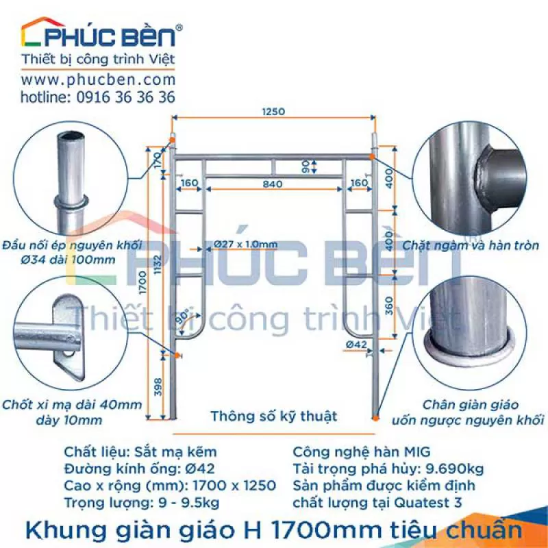 Khung giàn giáo H 1700mm, giàn giáo 1m7 Phúc Bền giá tốt