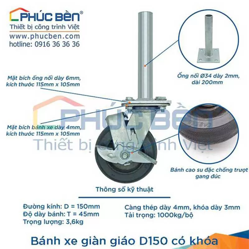 Bánh xe giàn giáo D150 có khóa