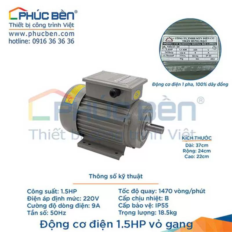 Động cơ điện 1.5HP vỏ gang