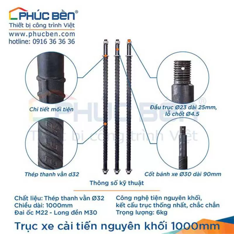 Trục bánh xe cải tiến nguyên khối 1000mm