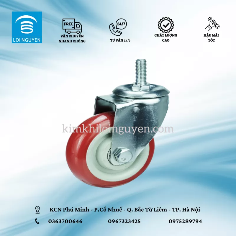 M8.CVQ : Bánh PVC đỏ 2 vòng bi 7.5 cm cọc vít quay