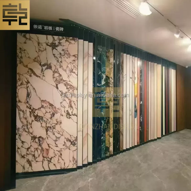 Kệ trưng bày trượt ngang bằng kim loại cỡ lớn, sản xuất theo yêu cầu, cho tấm đá cẩm thạch, đá nung kết, gạch porcelain dùng trong phòng trưng bày