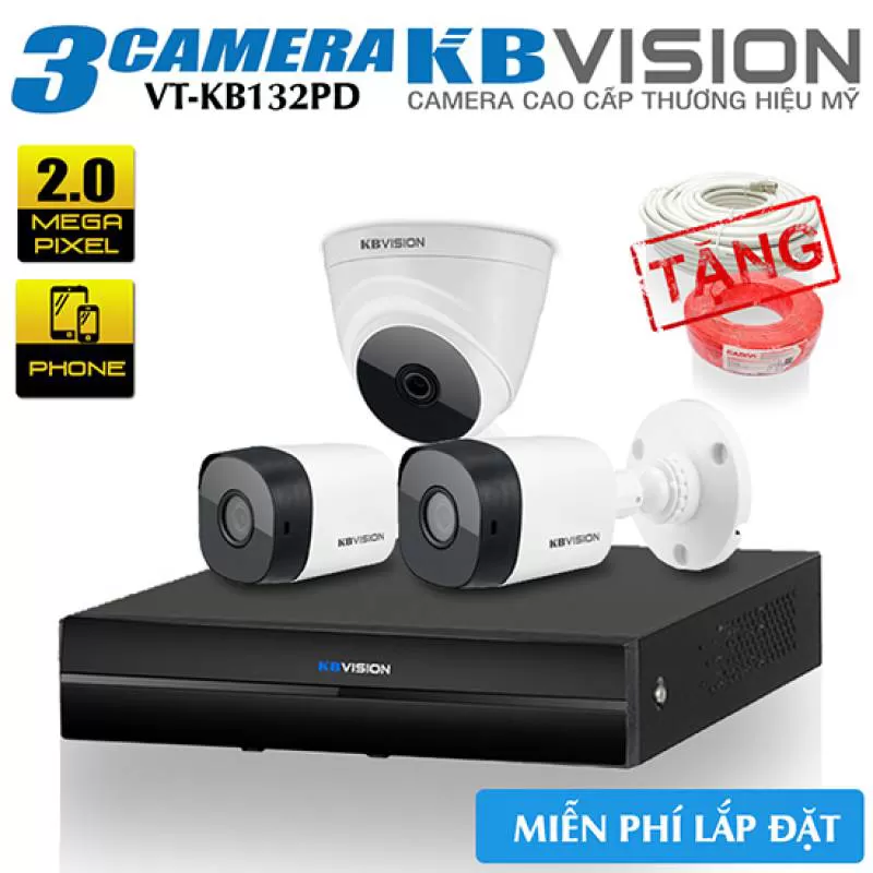 Trọn Bộ 3 Camera KBvision 2.0 MP Gói Lắp Đặt VT-KB132PD Cho Nhà Ở, Văn Phòng