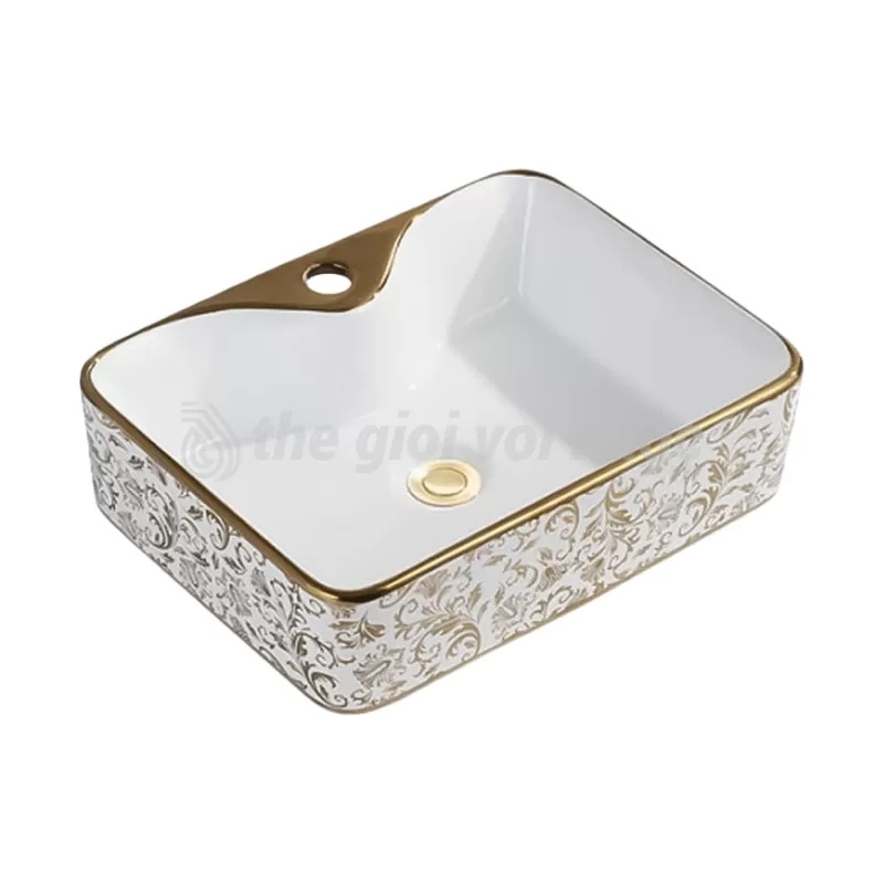 Bồn Lavabo Rửa Mặt Đặt Bàn Sứ Chữ Nhật Hoa Văn Cổ Điển Vàng Draco T2186SG 