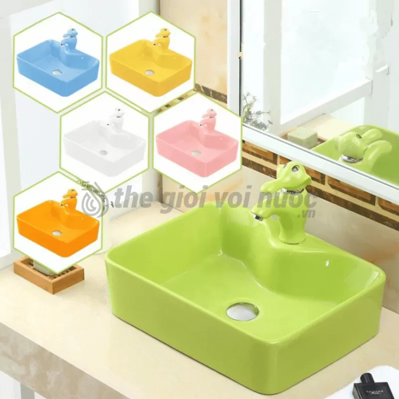 Lavabo Trẻ Em Đặt Bàn Hình Chữ Nhật Vòi 2 Tấc Draco LB3202W Màu Trắng 