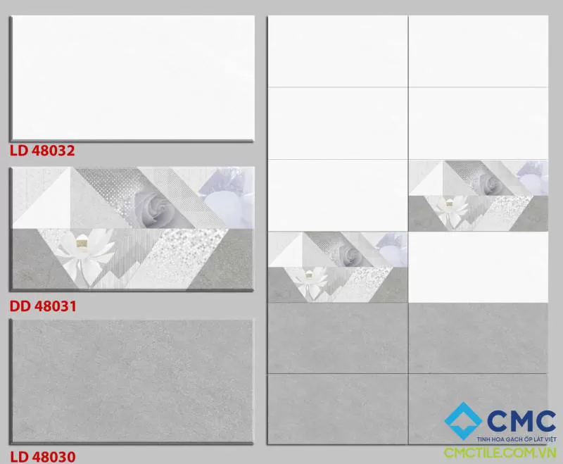 Bộ gạch ốp trắng – gạch điểm màu ghi họa tiết hoa 48030-31D-32