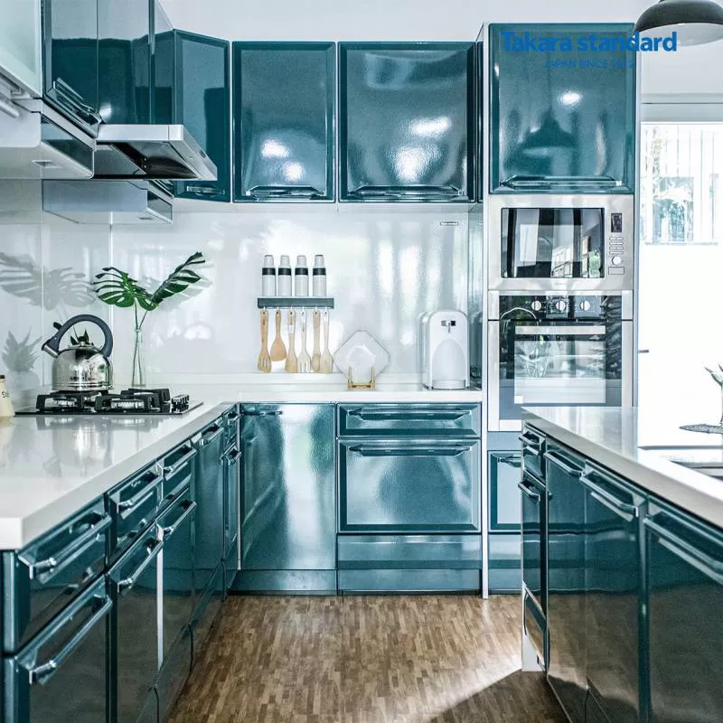 Tủ Bếp Ritela Chữ L Màu Xanh Ngọc Lục Bảo - Showroom Takara standard