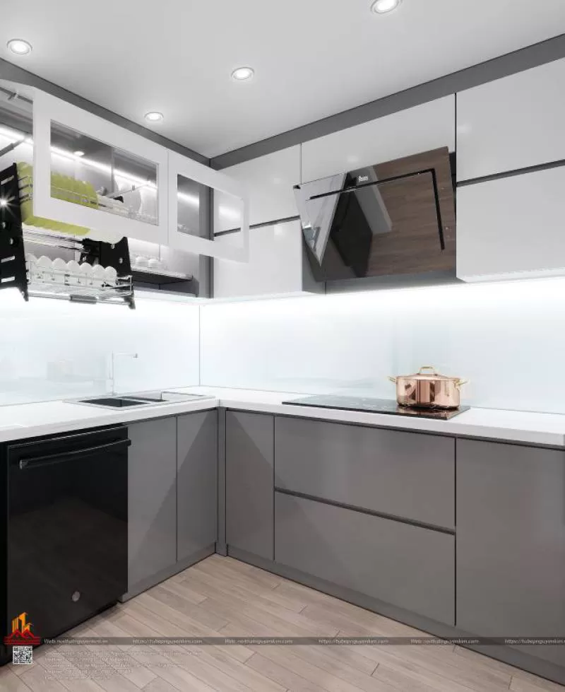 Mẫu tủ bếp cánh acrylic chữ U nhà anh Lân, Time City 