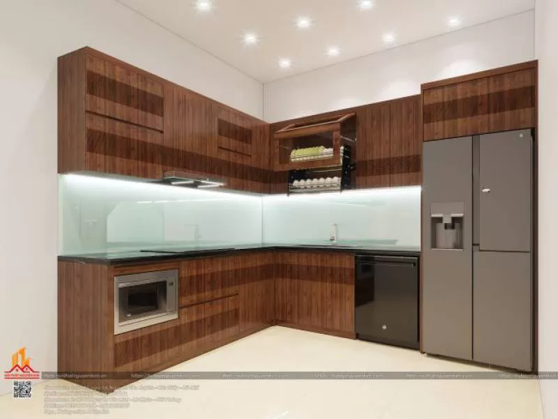 Mẫu tủ bếp gỗ sồi nga màu óc chó sang trọng nhà chị Tâm, Trích Sài, Long Biên 