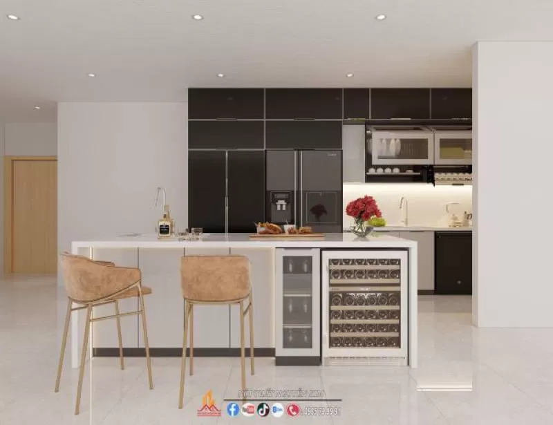 Tủ bếp inox cánh kính chữ I có bàn đảo nhà anh Kỷ, Hà Đông 