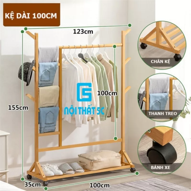Giá Treo Quần Áo Di Động Bằng Gỗ Tre,Giá Treo Đồ Đứng Nội Thất Kiểu Hàn