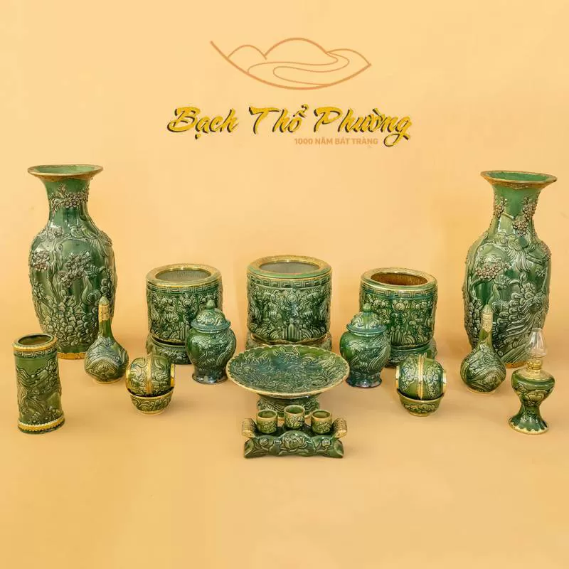 Bộ đồ thờ cúng men Ngọc Lục Bảo cho ban 1m75 - Bạch Thổ Phường