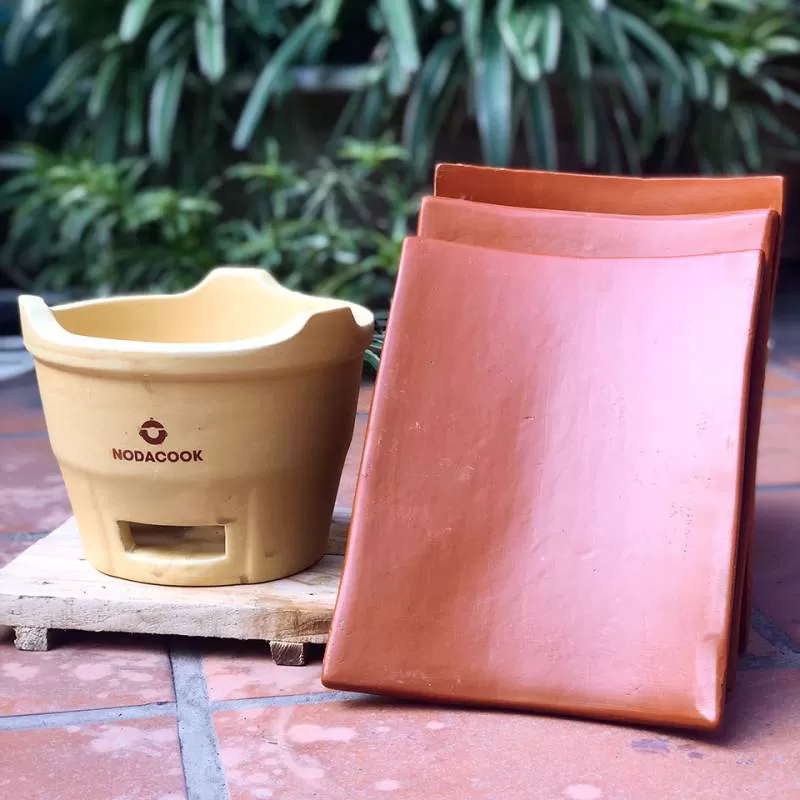 Bếp nướng gốm Noda mini 20x14 cm (Đế gỗ + 3 Ngói nướng trơn)