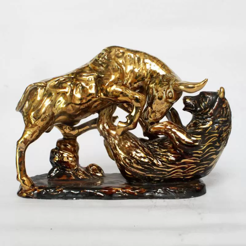 [Vẽ vàng] Tượng Trâu phong thủy gốm sứ vẽ vàng men sứ nâu đậm