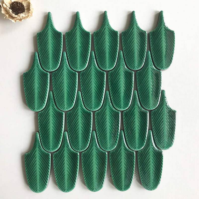 Gạch mosaic trang trí màu xanh hình lá Sym00114