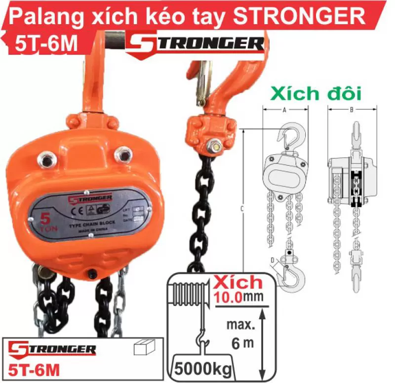 Pa lăng xích kéo tay 5 tấn Stronger nhập khẩu siêu bền, giá rẻ 2021