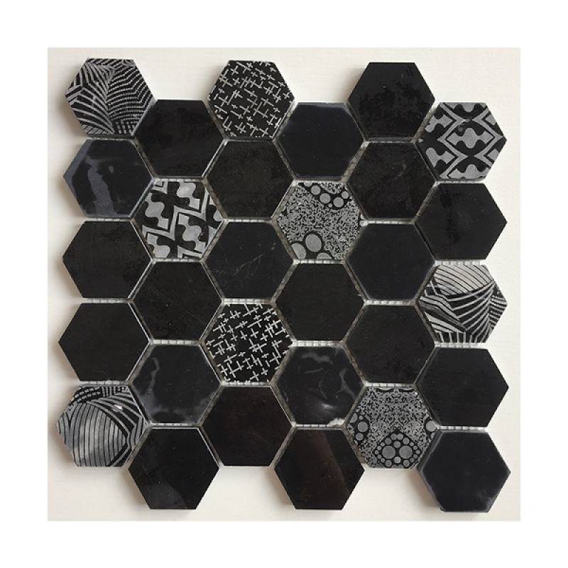 Gạch mosaic đá hình lục giác 255x265mmmm màu đen mẫu hoa 