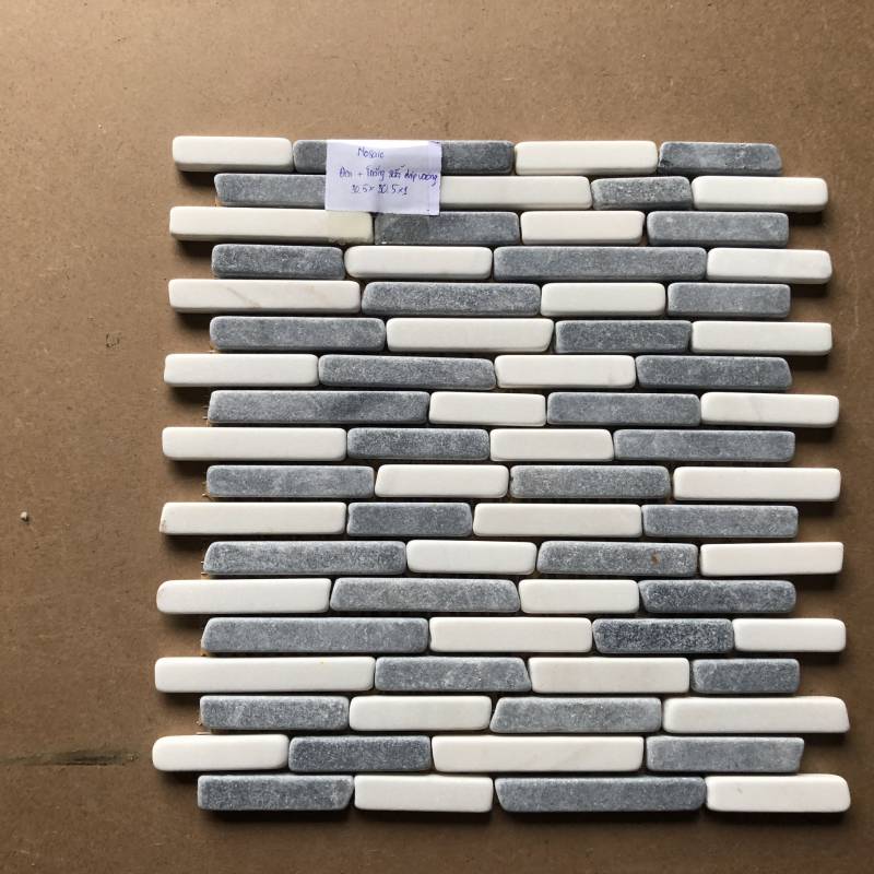 Mosaic đá đen + trắng sữa NA rung chip vuông (Mài rung)