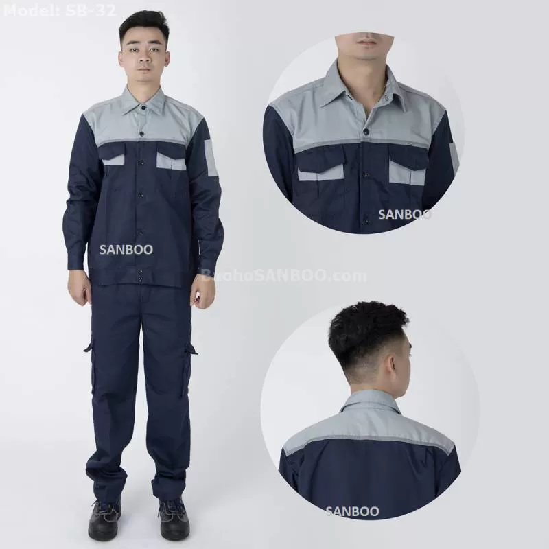 Bộ quần áo bảo hộ túi hộp tím than – Pha màu ghi – SB32 