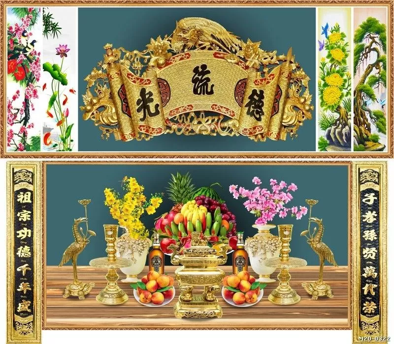 Tranh dán tường phòng thờ mâm ngũ quả ý nghĩa 