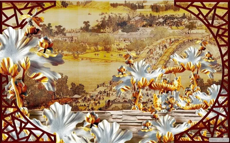 Tranh dán tường phòng thờ - Lá sen vàng 