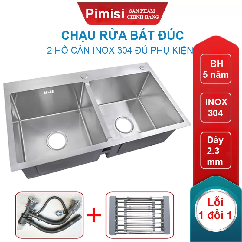 Chậu rửa bát chén inox 304 Pimisi PB-7843C đúc 2 hố
