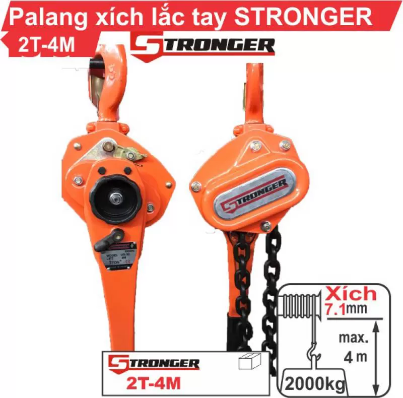 Palang xích lắc tay 2 tấn 4 mét Stronger 100% chính hãng