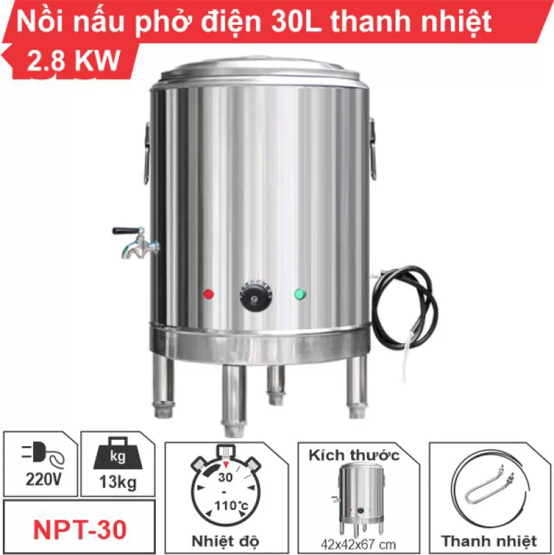 Nồi nấu phở điện 30 lít thanh nhiệt inox 304 cao cấp, giá cạnh tranh 