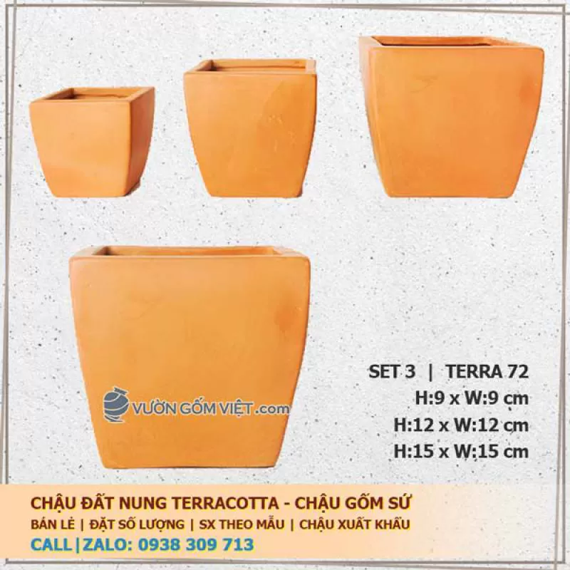 Set 3 chậu trồng cây gốm đất nung vuông vát 72 