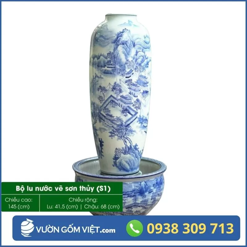 Bộ Chậu Lu Nước Phong Thủy - Đài Phun Nước Gốm Sứ Sân Vườn 03 