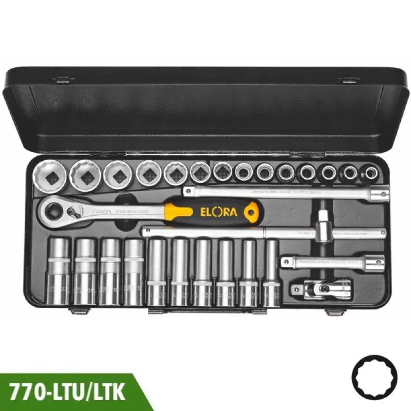 Bộ tuýp 29 món 12 cạnh, đầu vuông 1/2 inch, Elora 770-LTU/LTK 