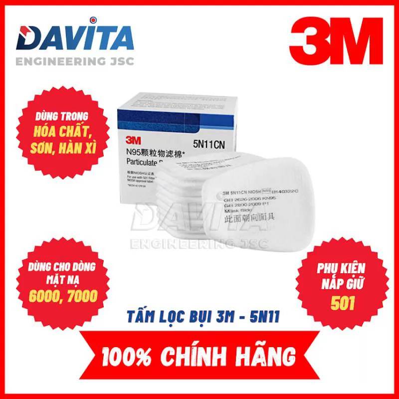 4 Cặp tấm lọc bụi 3M 5N11 và 1 cặp đế đựng tấm lọc 501 cho mặt nạ 2 phin lọc 3M