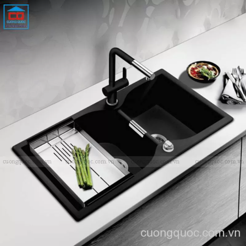 Chậu rửa bát 2 hố lệch Geler GL-GR-9248B bằng đá cao cấp