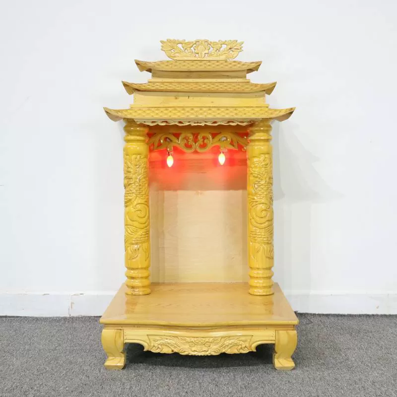 Mẫu Bàn Thờ Thần Tài Gỗ Pơ Mu Mái Chùa Có Đèn Bền Đẹp 