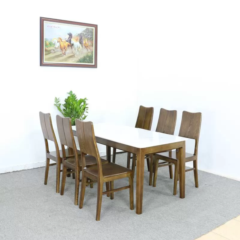 Bộ Bàn Ăn 6 Ghế Gỗ Sồi Nga Màu Óc Chó Mặt Đá Trắng Tràn Gọn Đẹp Giá Rẻ 