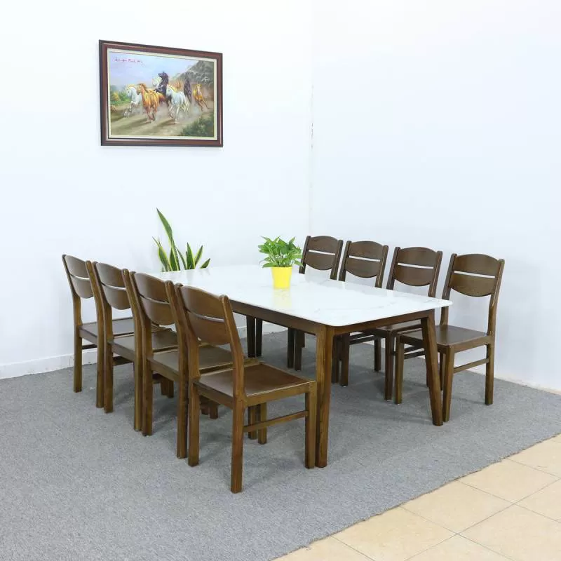 Bộ Bàn Ăn 8 Ghế Mặt Đá Trắng Gỗ Sồi Màu Óc Chó Cao Cấp Hiện Đại 