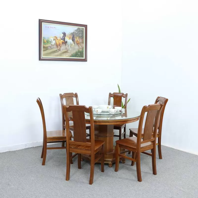 Bộ Bàn Ăn Tròn 6 Ghế Gỗ Xoan Đào Mâm Xoay Cao Cấp 