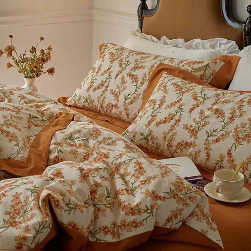 Bộ chăn ga vỏ gối cotton dệt hoa màu cam JJ1342 